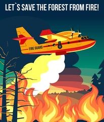 Wildfire firefighter plane or fire aircraft jet extinguish fire, poster or banner vector illustration