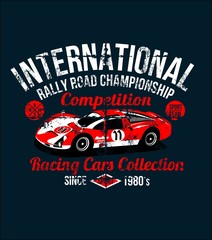 Wear print red car on circuit ring race classic sport car t-shirts illustration. The car is no have a real prototype of coloring & number