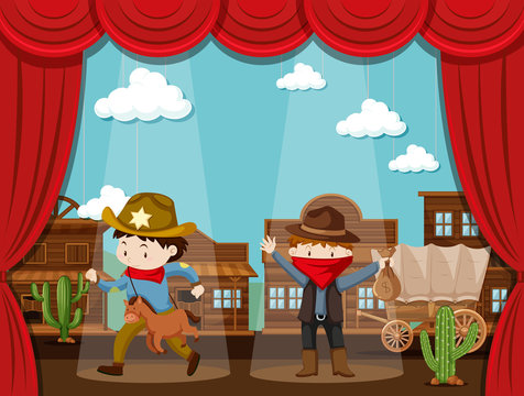 Cowboy town on stage with two kids acting