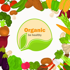 Color vegetables illustration on white background. Organic food logo in the middle for web and mobile design