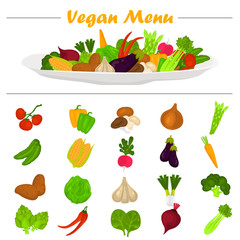 Color vegetables icons set. Vegetables composition on the plate at the top for web and mobile design