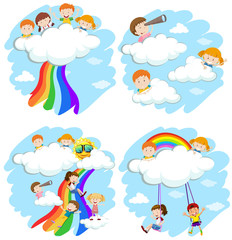 Happy children playing on the clouds and rainbow