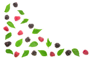 Raspberry blackberry frame isolated on white background with copy space for your text. Top view