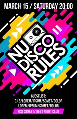 Nu Disco Rules music poster, music banner or flyer with cassette trendy colorful neon design cool elements & lettering composition
