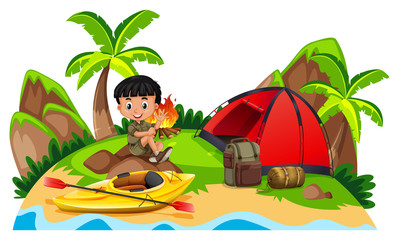 Little boy camping out on island
