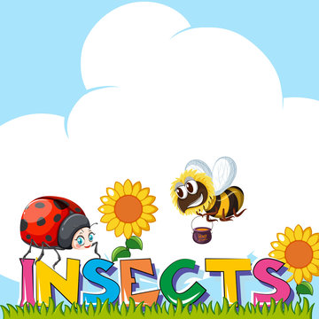 Wordcard for insects with insects in garden