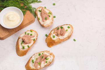 Italian cuisine. Bruschetta with tuna, onion, and mayonnaise.