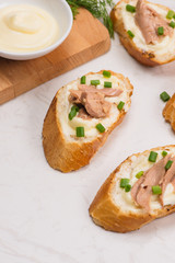 Italian cuisine. Bruschetta with tuna, onion, and mayonnaise.