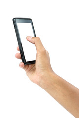 Male hand touching on mobile smartphone isolated with clipping path.