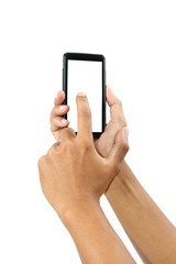 Male hands touching on mobile smartphone isolated with clipping path.