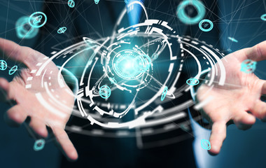 Businessman using flying network connection interface 3D rendering