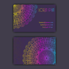 Vector vintage visiting card set. Glowing shiny floral mandala pattern and ornaments. Luxury design.