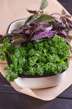 A bunch of fresh parsley in a ceramic tray on a black background.