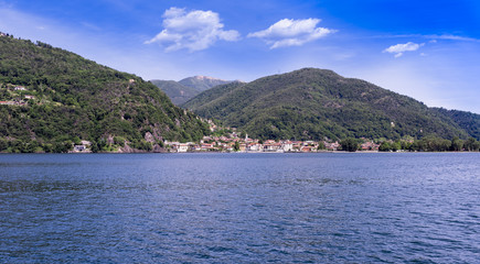 Fototapeta premium Maccagno on Lake Maggiore from the lake side - Maccagno, Lake Maggiore, Varese, Lombardy, Italy