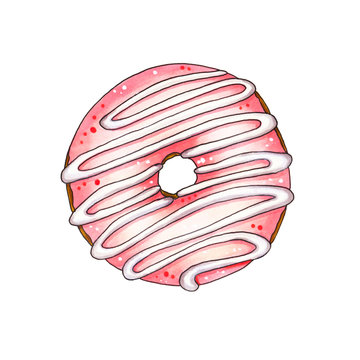 Donut with pink glaze. Hand drawn marker illustration.