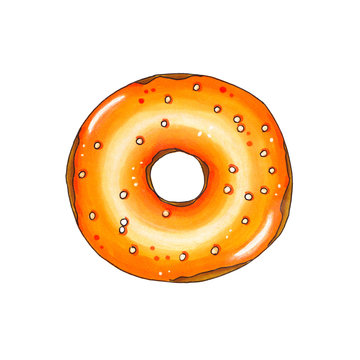 Donut with orange topping. Hand drawn marker illustration.
