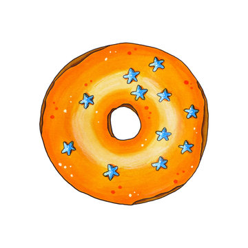 Donut with orange glaze and sprinkles. Hand drawn marker illustration.