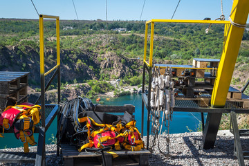 Zipline. Equipment for safe sliding on a steel cable.