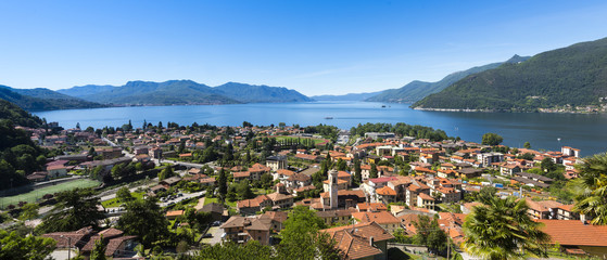 View over Maccagno to the southern part of Lake Maggiore - Maccagno, Lake Maggiore, Varese, Lombardy, Italy