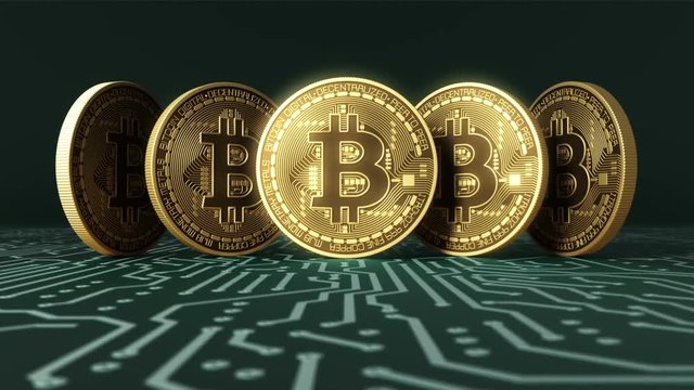 Appearance Of Five Virtual Coins Bitcoins On Blue Printed Circuit Board. 3D Animation.