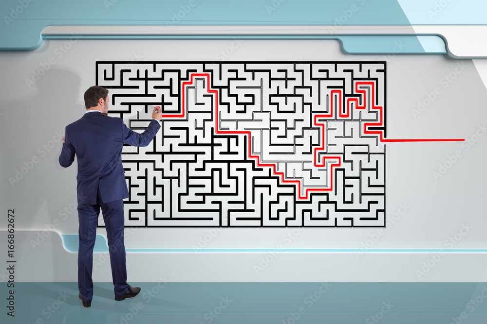 Poster businessman searching maze solution on a wall 3d rendering