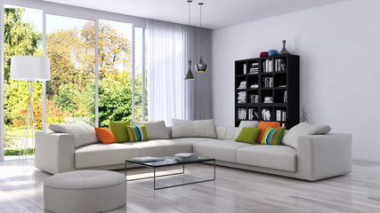 Modern bright living room, interiors. 3D rendering