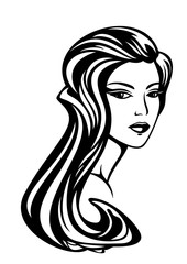 beautiful woman with long gorgeous hair - black and white vector portrait design