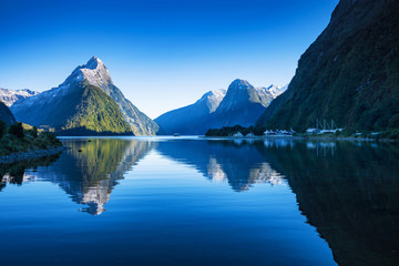 Mitre Peak at Milford Sound in south island, New Zealand in the morning in autumn. The mountian and...