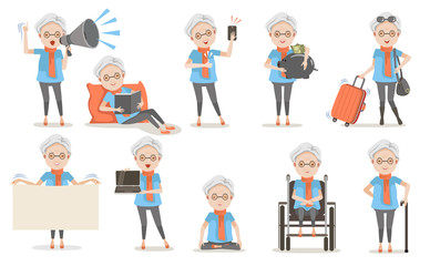 Fototapeta premium Elderly female poses And emotion in casual clothes in different . Speak amplifier, Sleeping, read, Selfie, finger up, piggy bank,Travel luggage,holding signs,Computers,Yoga,Wheelchair,Walking stick