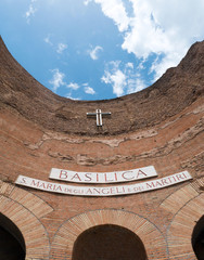 Part of the facade of the Basilica of St. Mary of the Angels and the Martyrs. Rome, Italy.
