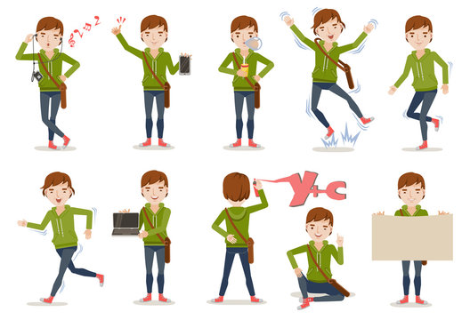  Teenage boy Set.variety of emotions and  poses. Listen to phone with headphones, Hold tablet, finger up, Blowing chewing gum, Jump, walk, Run, computer, Spray paint letters, sit, blank paper label. 