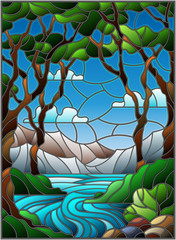 Naklejki  Illustration in stained glass style with a rocky Creek in the background of the Sunny sky, mountains, trees and fields