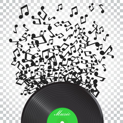 Vinyl disk with flying sound note. Music disk vector illustration. Sound record. Business concept simple flat pictogram on isolated background.