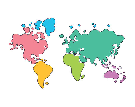 World map cartoon. Continents in different colors.