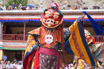 Leh Ladakh,India - July 3:The mask dancing performed by the Lamas in a Hemis festival in Hemis monastery on July 3, 2017 , Leh Ladakh , India. - 166870812