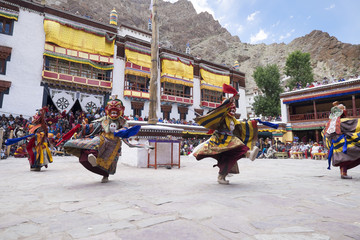 Leh Ladakh,India - July 3:The mask dancing performed by the Lamas in a Hemis festival in Hemis monastery on July 3, 2017 , Leh Ladakh , India. - 166870851