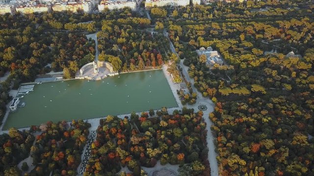 flight drones over the famous Park of the Retiro of Madrid