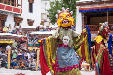 Leh Ladakh,India - July 3:The mask dancing performed by the Lamas in a Hemis festival in Hemis monastery on July 3, 2017 , Leh Ladakh , India. - 166871421