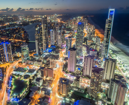 Glistening City Lights Of The Gold Coast At Surfers Paradise.