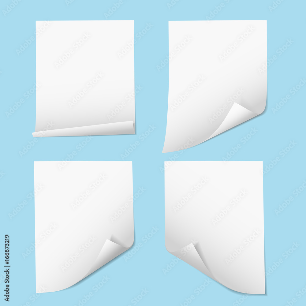 Poster set of realistic vector illustrations of an empty sheet of paper with a bent corner, isolated on a b