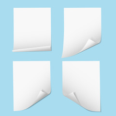 Set of realistic vector illustrations of an empty sheet of paper with a bent corner, isolated on a background
