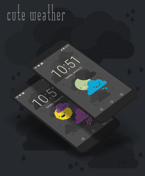 Cute weather moile app screens on 3d smartphone mockups