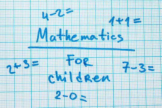 The word "mathematics for children" with tasks in a notebook for drawing.