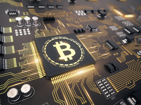 Bitcoin concept - Printed circuit board with bitcoin processor and microchips - 3d illustration