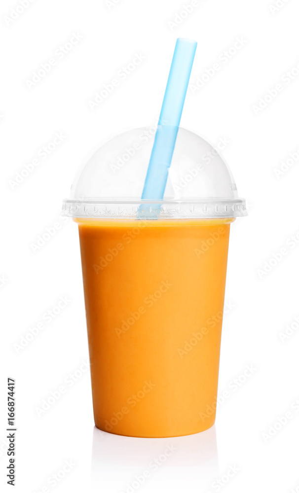 Sticker orange smoothie in plastic transparent cup