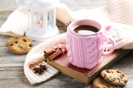 Cup of hot chocolate on wooden table
