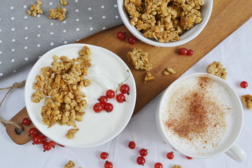 Healthy Fresh Breakfast Yogurt with Granola Berries Redcurrant Close up White Background
