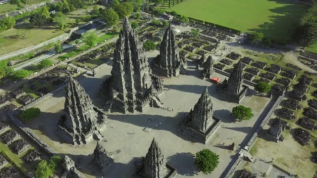 Beautiful aerial footage of ancient Prambanan temple from a drone flying spinning around the temple. Shot in 4k resolution