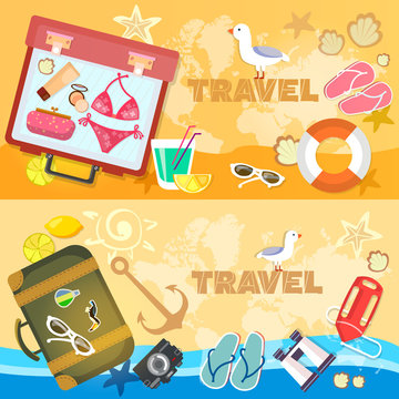 Travel banners sea beach summer holiday travel suitcase passport flip flops. Adventure, vacation, travel to summer