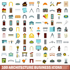 100 architecture business icons set, flat style